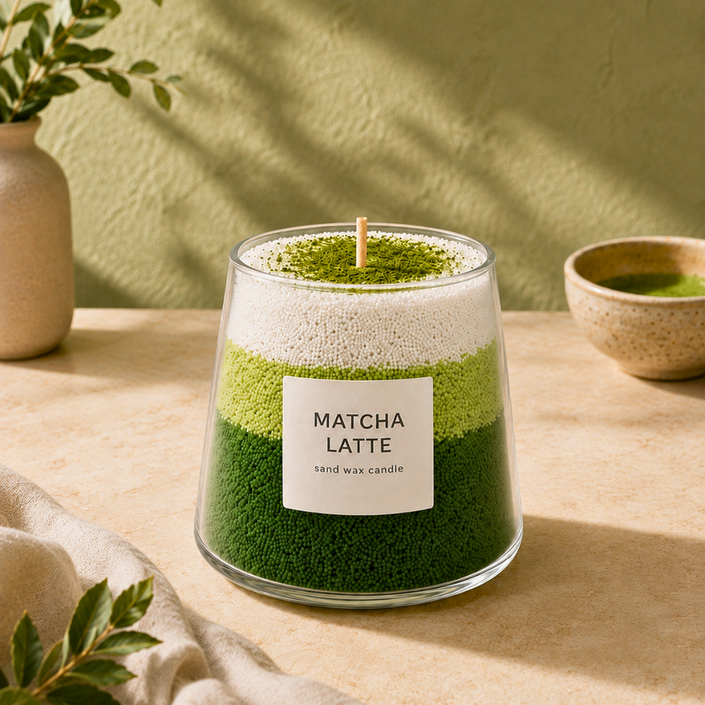 Matcha latte sand candle made with the Aurea Nova DIY candle kit, styled in a neutral home setting.