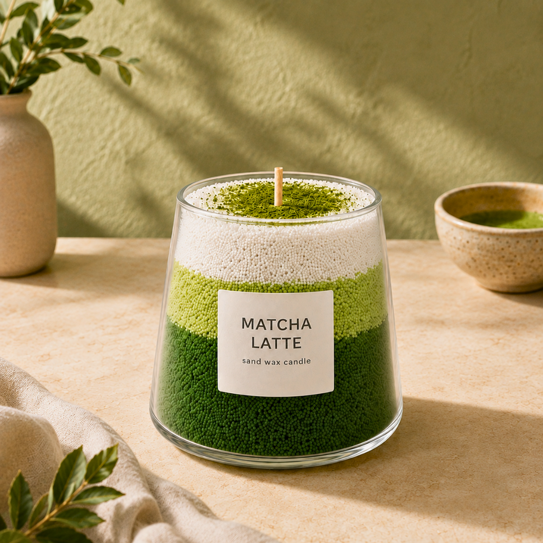 Matcha latte sand candle made with the Aurea Nova DIY candle kit, styled in a neutral home setting.