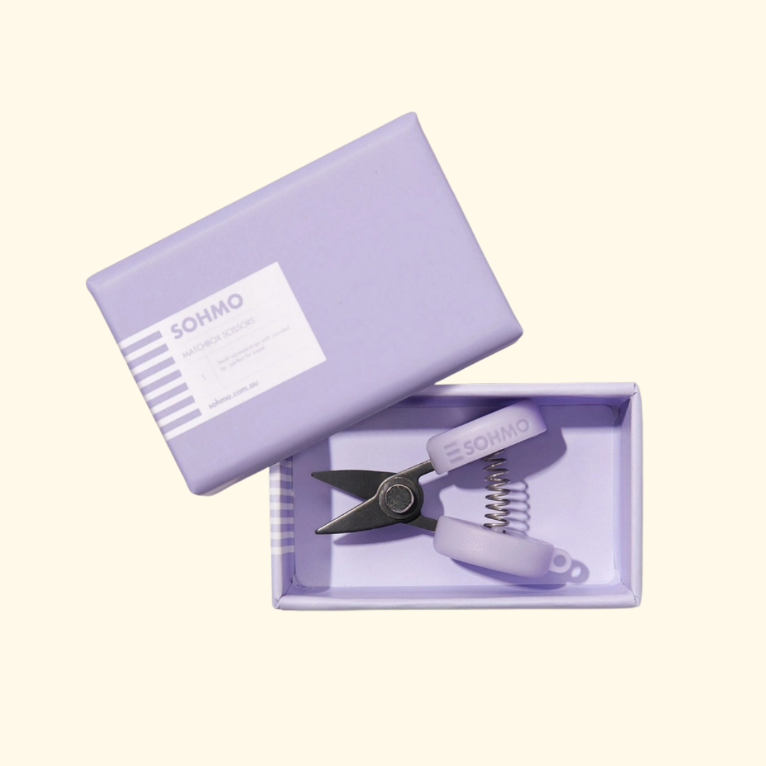 Matchbox Travel Sewing Scissors by SOHMO in a lilac matchbox-style storage box
