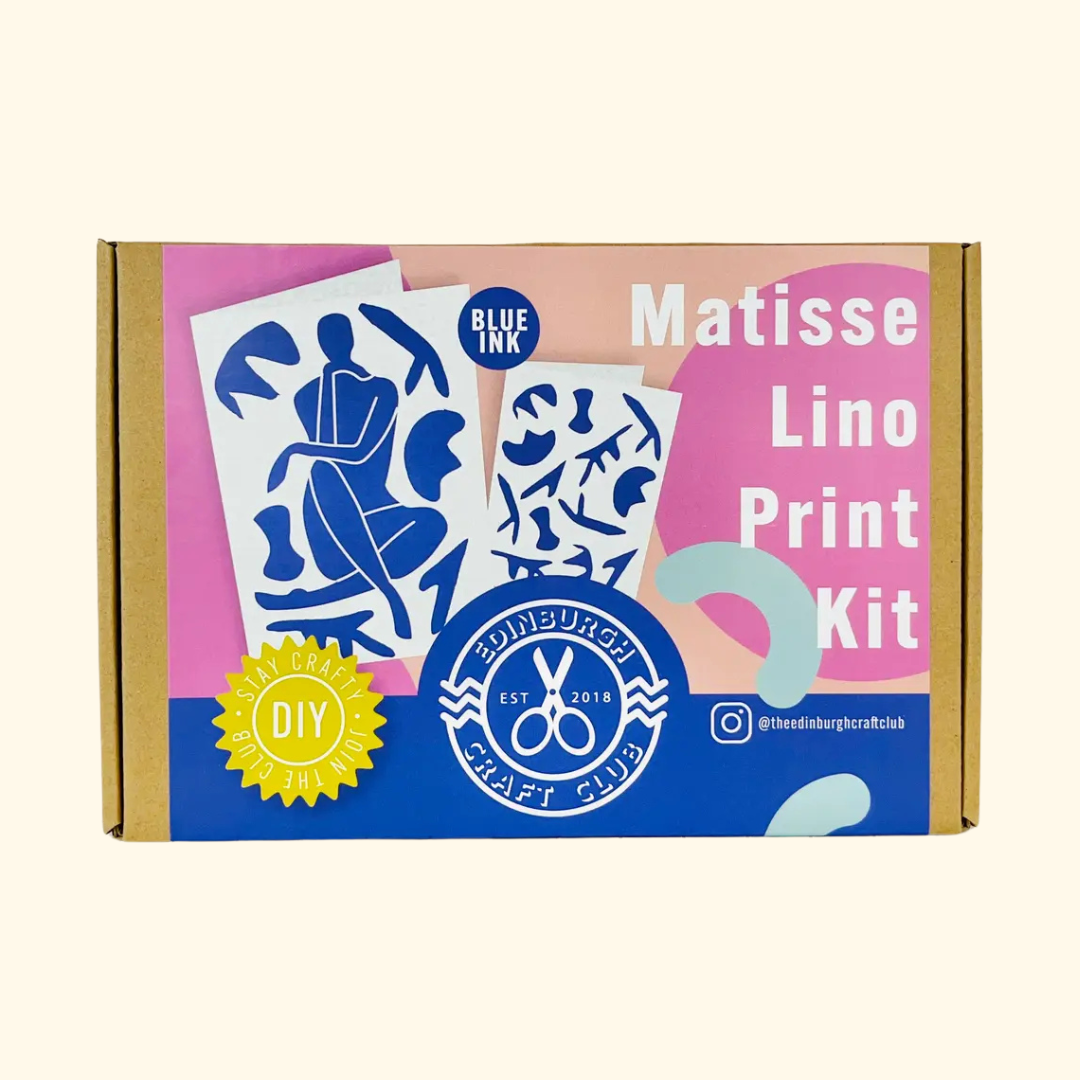 The Edinburgh Craft Club Matisse Inspired Lino Print Kit packaging featuring a beginner-friendly DIY lino printing craft kit.
