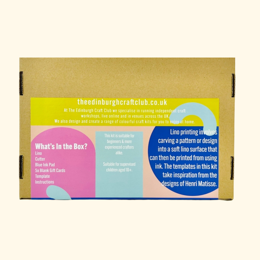 Rear of The Edinburgh Craft Club Matisse Inspired Lino Print Kit packaging showing contents, instructions and product information.