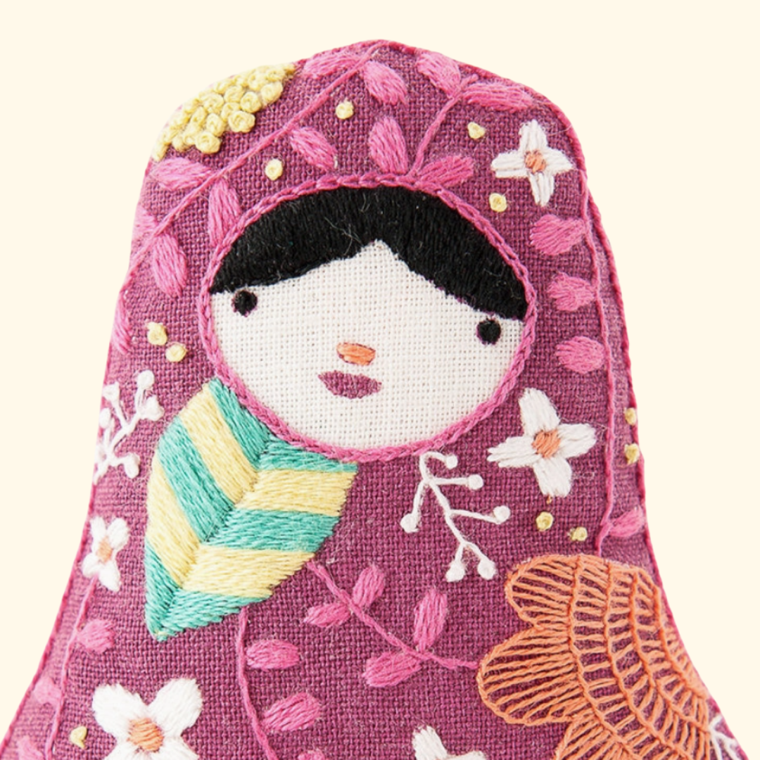 Close up of the finished Matryoshka embroidery kit