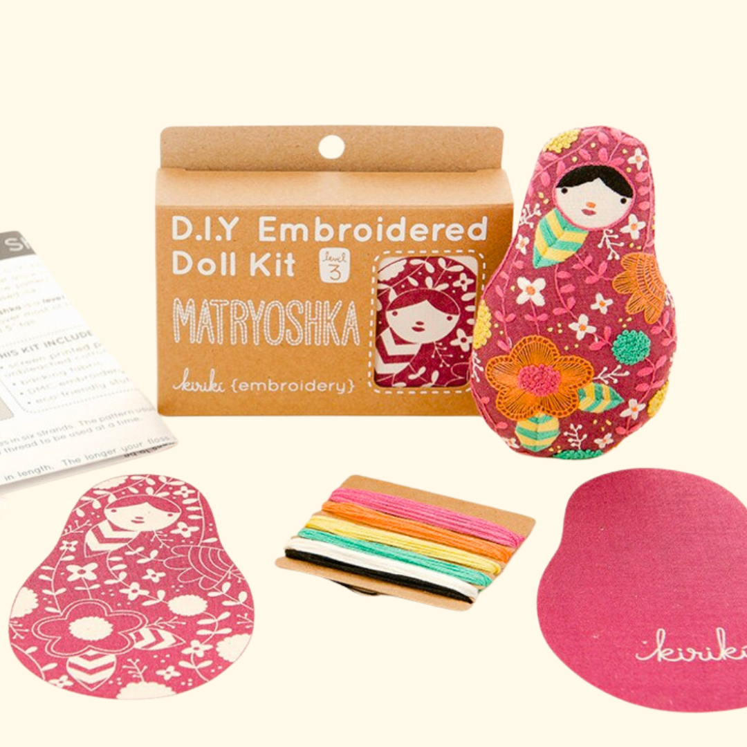 Contents of the Kiriki Press Matryoshka embroidery kit