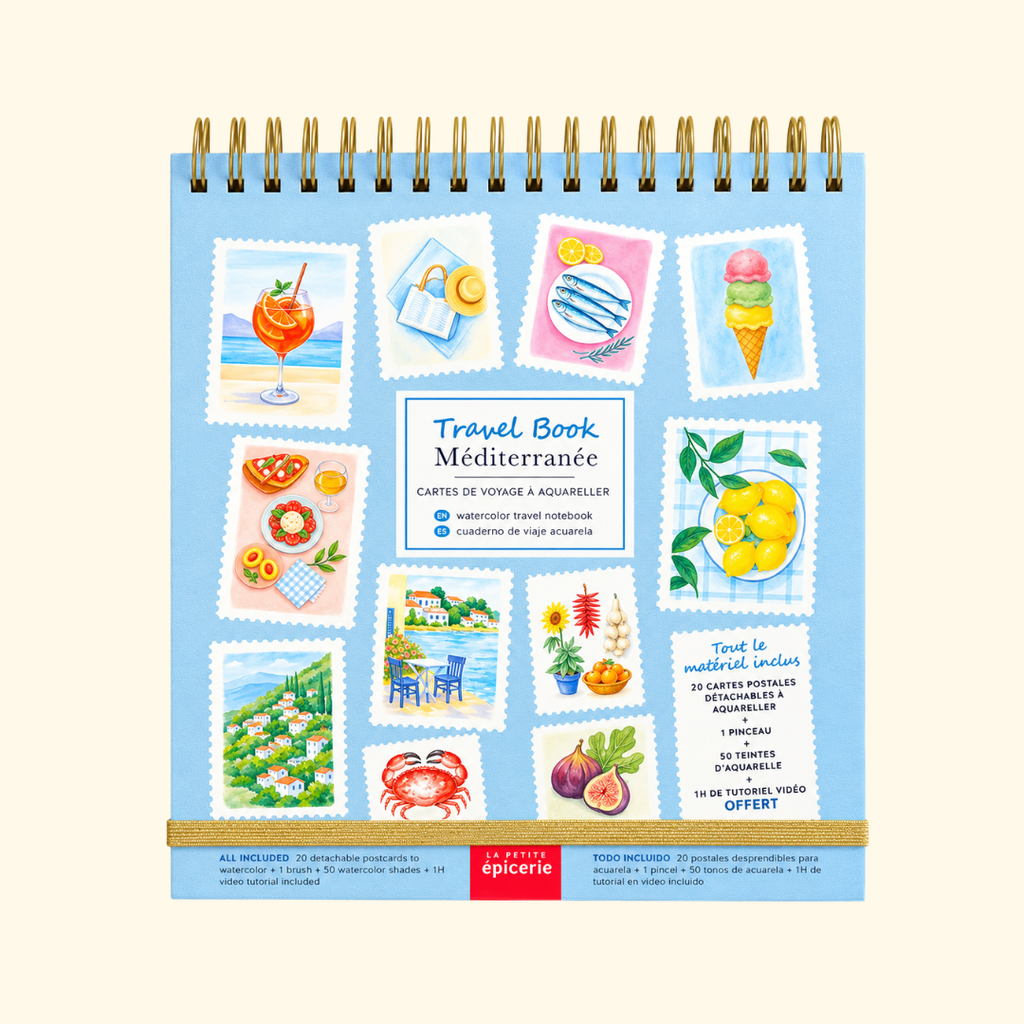 Mediterranean Watercolour Travel Book by La Petite Epicerie featuring a spiral-bound painting book with colourful Mediterranean-inspired illustrations of coastal scenery, citrus fruits and summer landscapes.