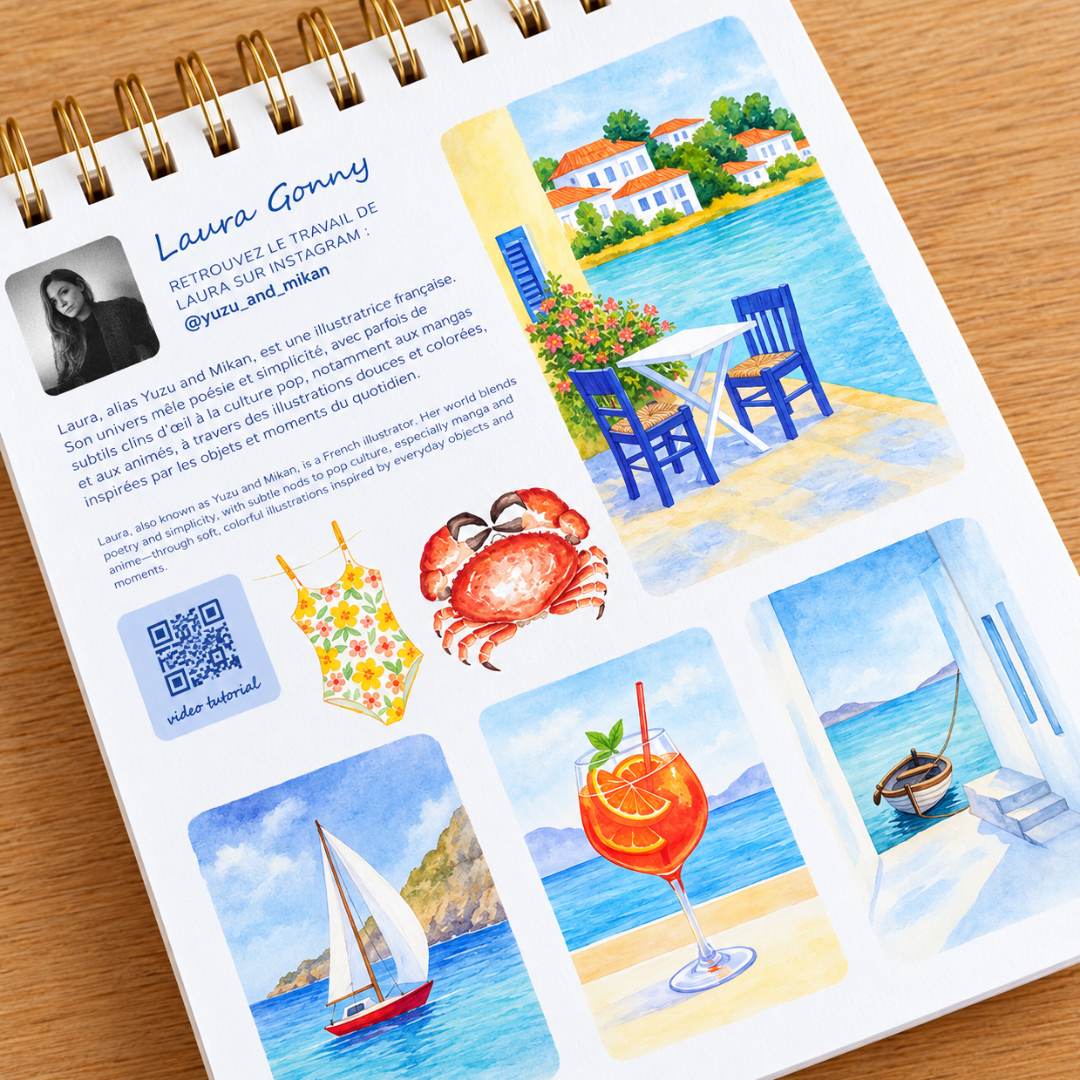 Open Mediterranean Watercolour Travel Book by La Petite Epicerie displaying illustrated painting activities, coastal landscapes, summer motifs and watercolour instructions.