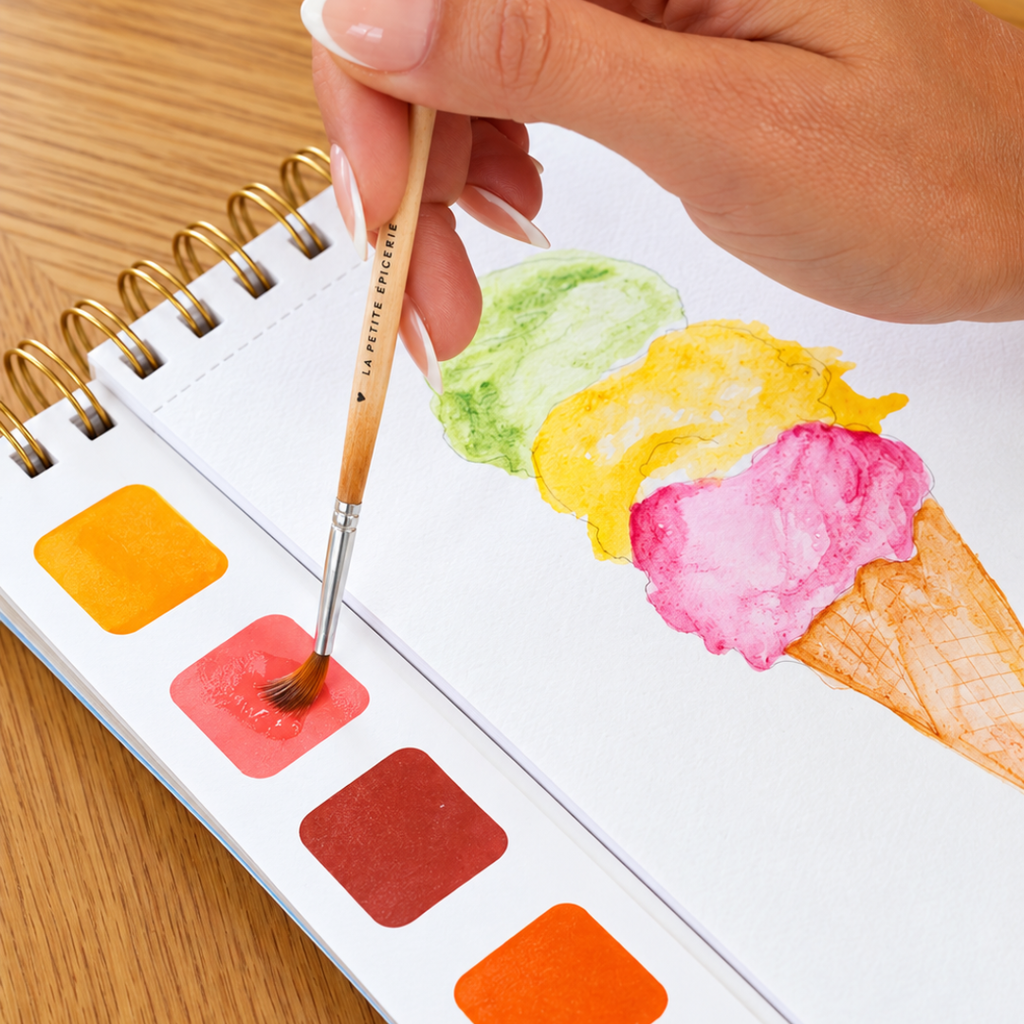 Close-up of the Mediterranean Watercolour Travel Book by La Petite Epicerie being painted with a fine brush, featuring colourful summer illustrations and an integrated watercolour palette.