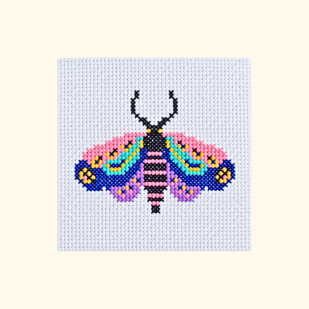 Colourful moth cross stitch design stitched on white Aida fabric.