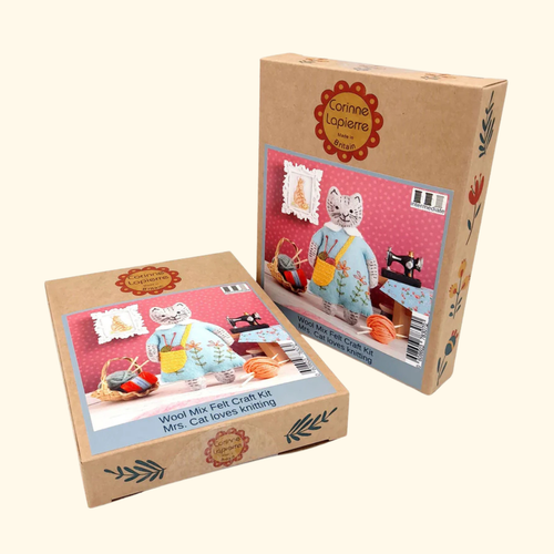 Mrs Cat Felt Craft Kit by Corinne Lapierre shown in its presentation box with completed ornament and included materials.