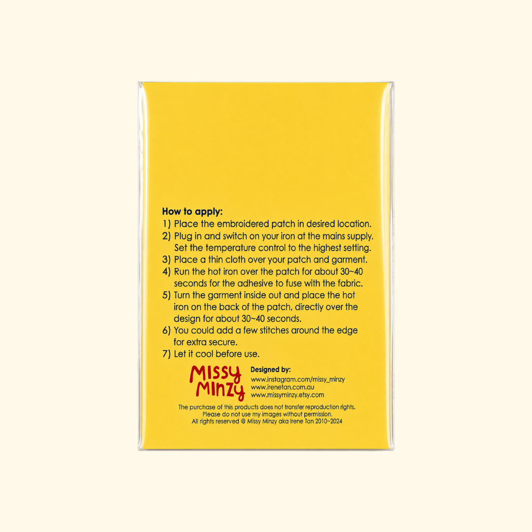 Back of Missy Minzy mushroom embroidered iron on patch packaging with product information and application instructions.