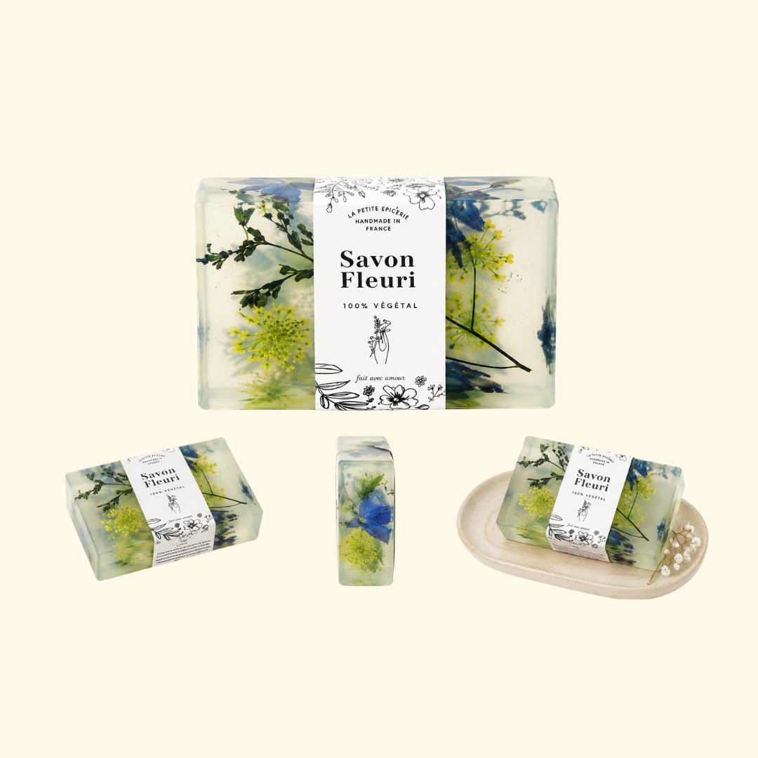 Contents of the La Petite Epicerie Natural Soap Making Kit including soap ingredients and materials.