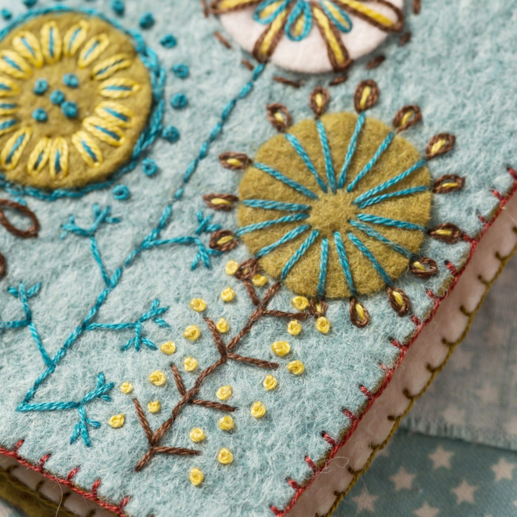 Close-up of intricate floral embroidery in blue, yellow, white and green on the felt needle case.