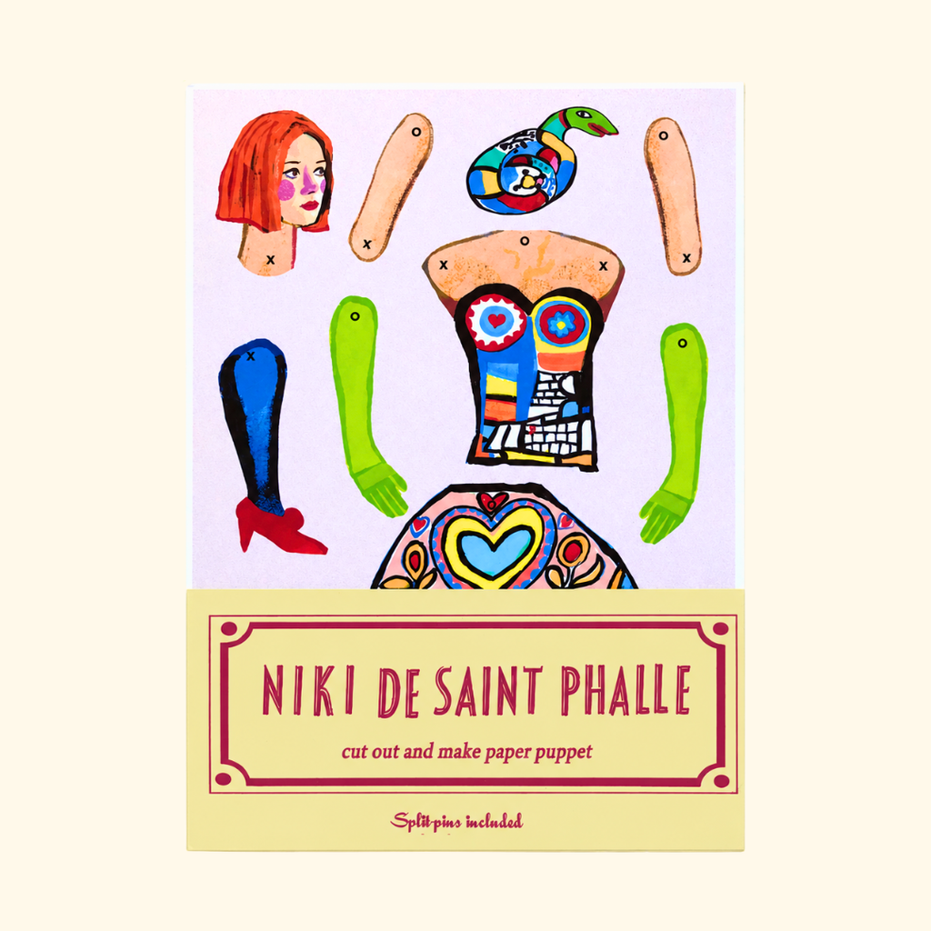 Niki de Saint Phalle Cut & Make Puppet Kit packaging by Wini Tapp featuring illustrated press-out paper pieces.