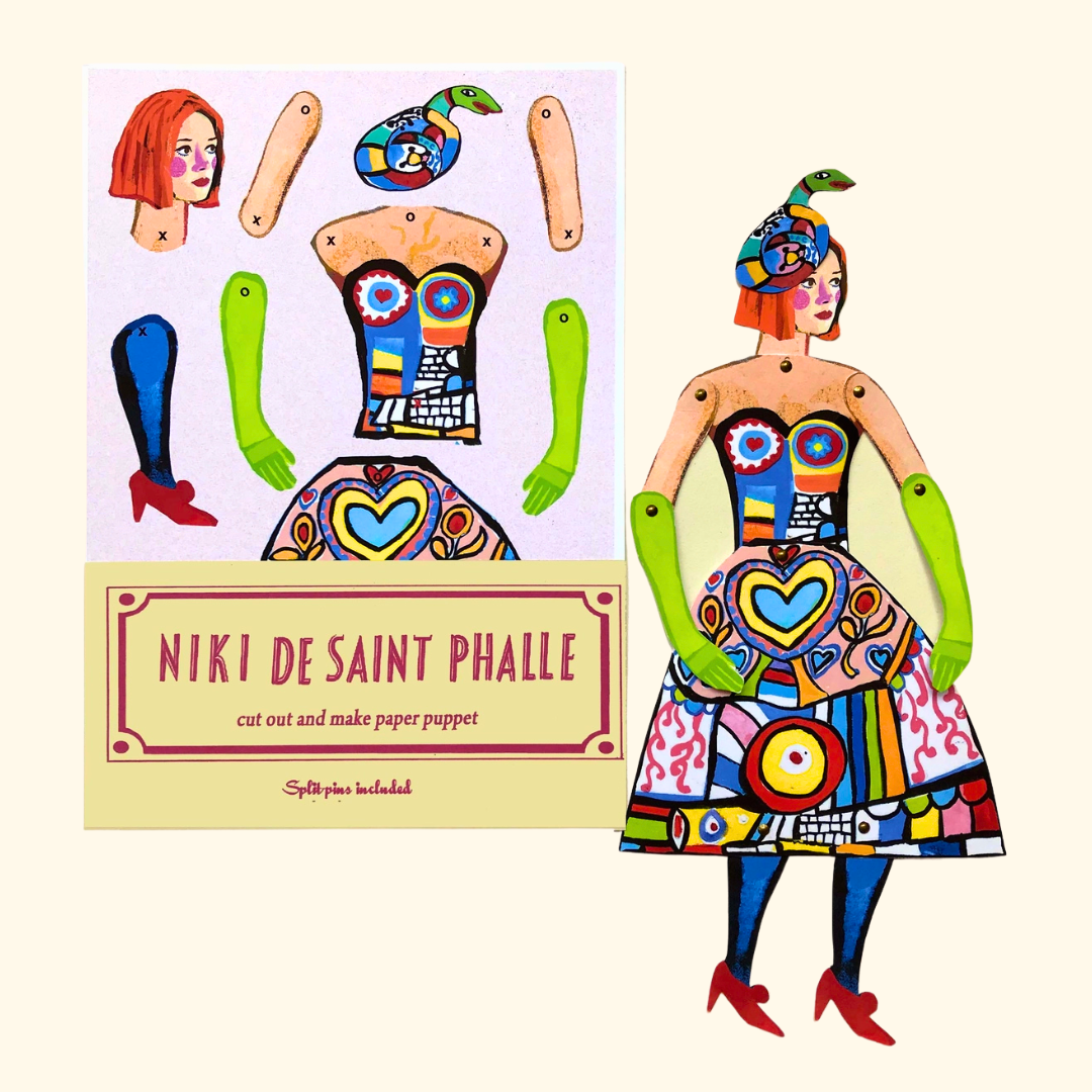 Niki de Saint Phalle Cut & Make Puppet Kit by Wini Tapp with colourful illustrated puppet pieces and packaging.