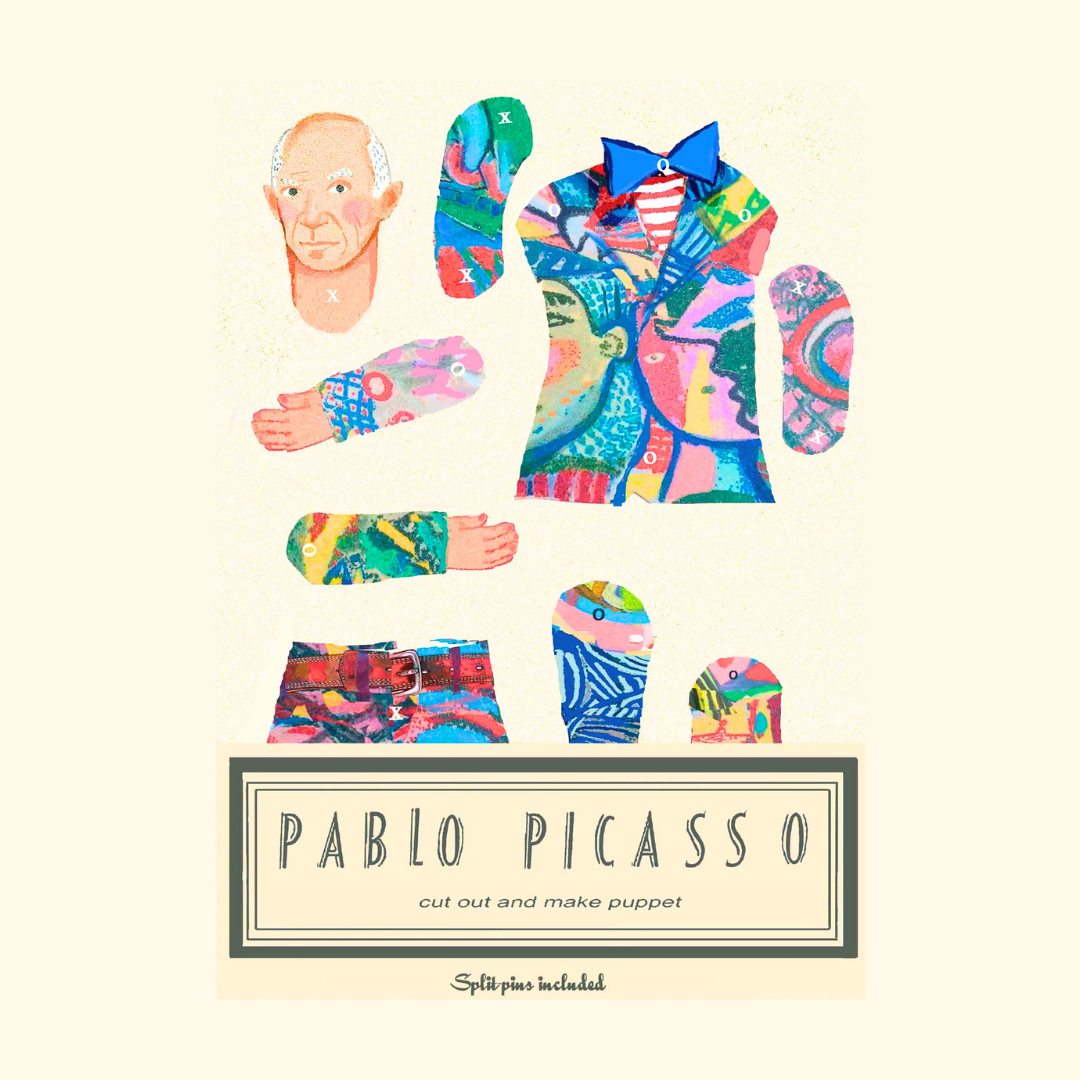 Pablo Picasso Cut & Make Puppet Kit packaging by Wini Tapp featuring illustrated press-out paper pieces.