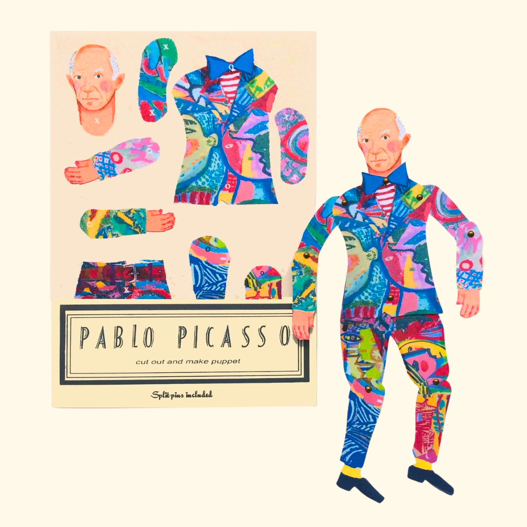 Pablo Picasso Cut & Make Puppet Kit by Wini Tapp with colourful illustrated puppet pieces and completed figure.