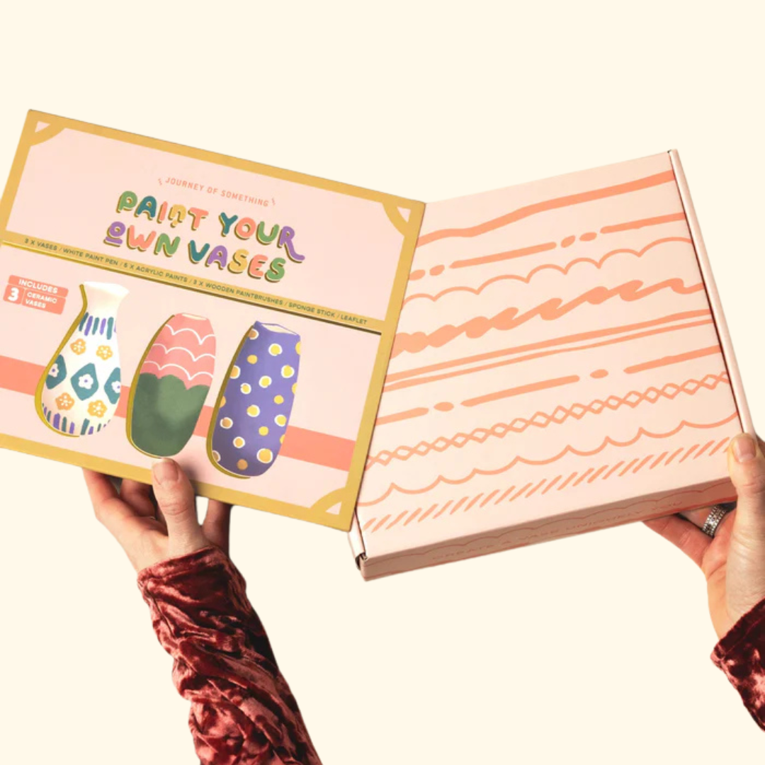Paint Your Own Vases Kit box packaging displayed open with included materials.