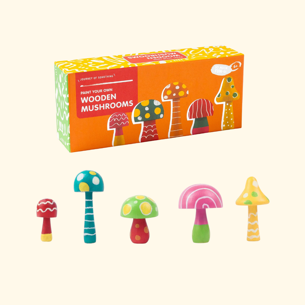 Paint Your Wooden Mushrooms Kit box packaging displayed with completed wooden mushrooms.