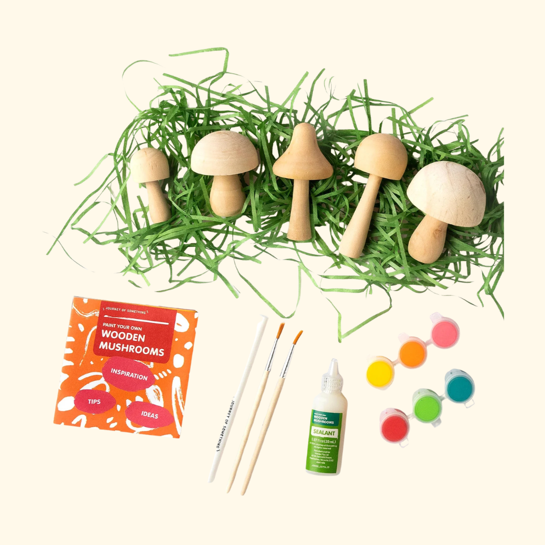 Paint Your Wooden Mushrooms Kit contents including wooden mushrooms, paints, brushes and decorating materials.