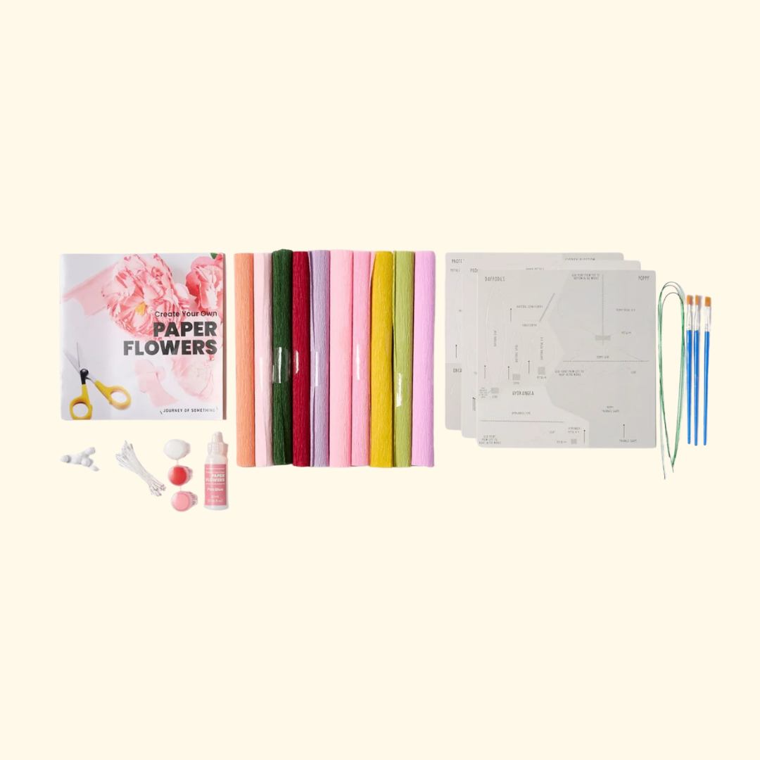 Paper Flower Making Kit contents including coloured paper, tools and instruction guide