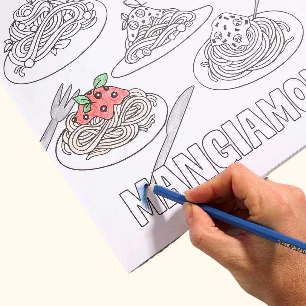 Colouring in a pasta themed page from the Pasta Lovers Colouring Book