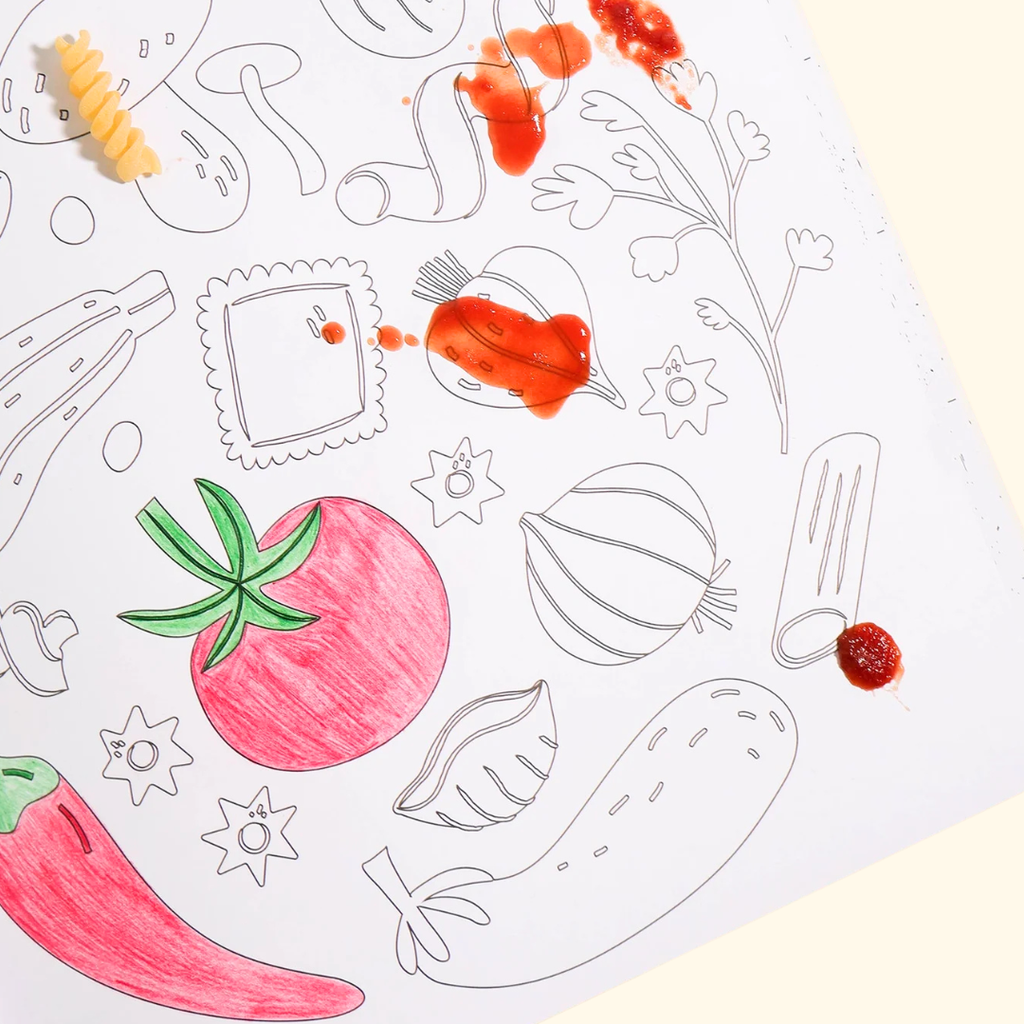 Interior colouring page design from the Pasta Lovers Colouring Book featuring vegetables and pasta illustrations