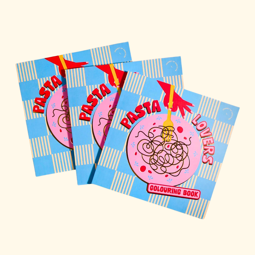 Multiple copies of the Pasta Lovers Colouring Book stacked together