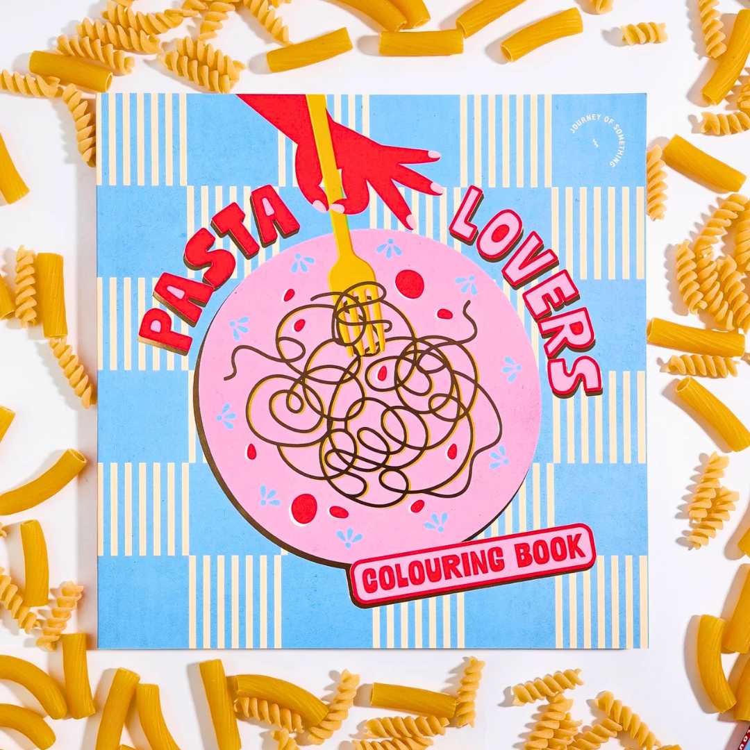 Pasta Lovers Colouring Book styled with dried pasta on a striped background