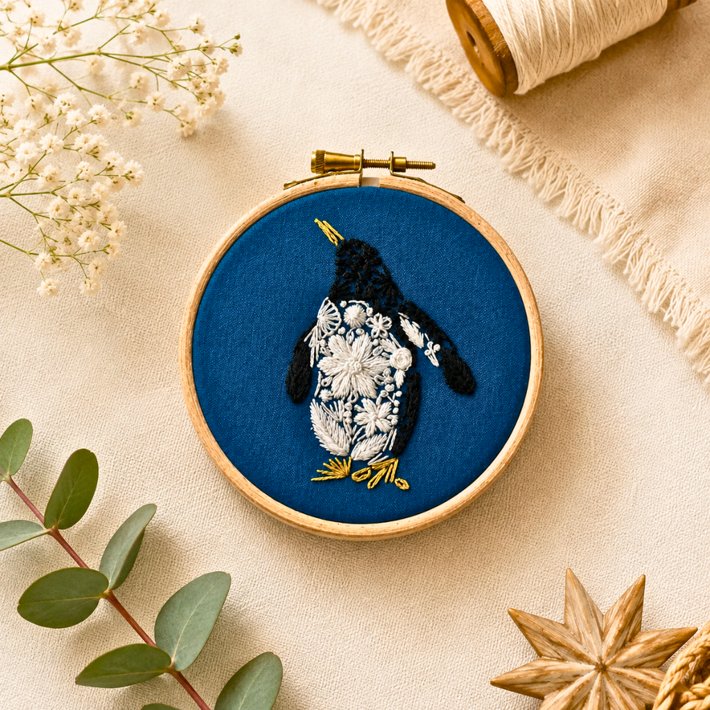 Completed Nest Embirdery Penguin Mini Embroidery Kit styled with natural foliage.