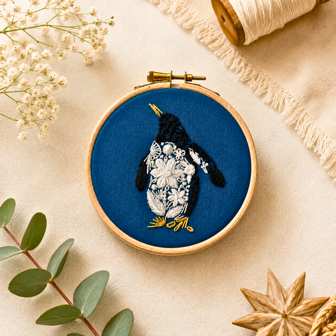 Completed Nest Embirdery Penguin Mini Embroidery Kit styled with natural foliage.