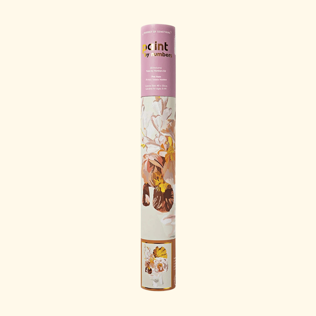 Pink Haze Paint By Numbers Kit by Journey of Something in illustrated tube packaging featuring the floral portrait artwork.