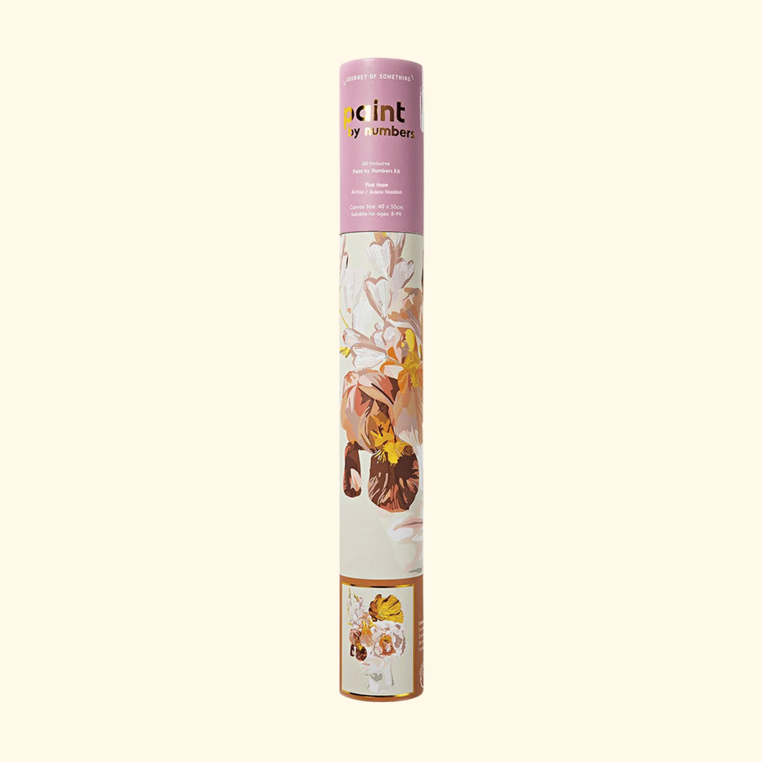 Pink Haze Paint By Numbers Kit by Journey of Something in illustrated tube packaging featuring the floral portrait artwork.