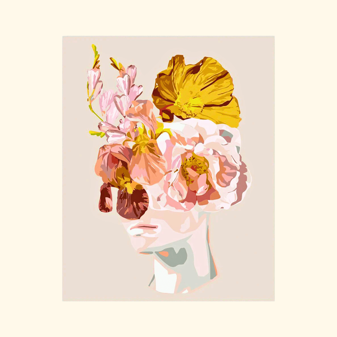 Pink Haze Paint By Numbers Kit by Journey of Something featuring a contemporary floral portrait with soft pink blooms and golden yellow flowers.