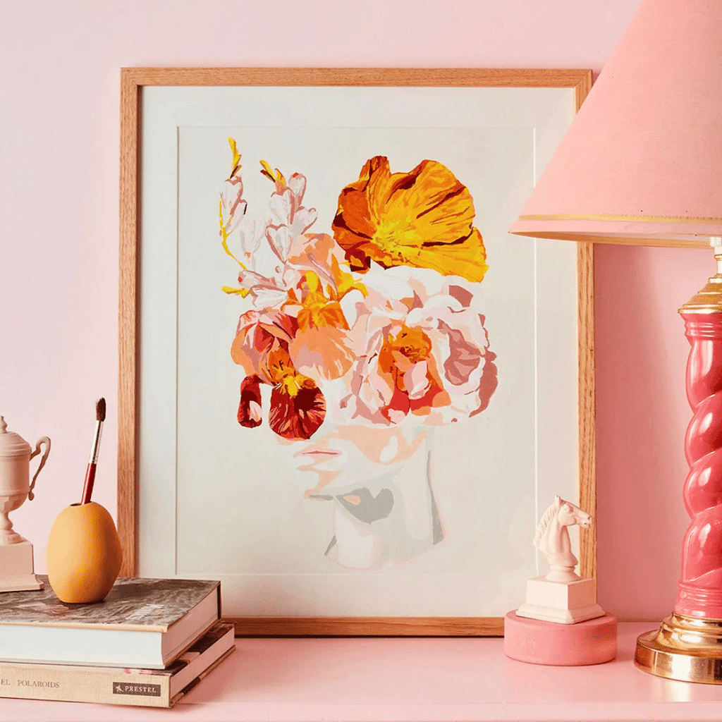 Completed Pink Haze Paint By Numbers artwork by Journey of Something displayed in a timber frame as colourful home décor.