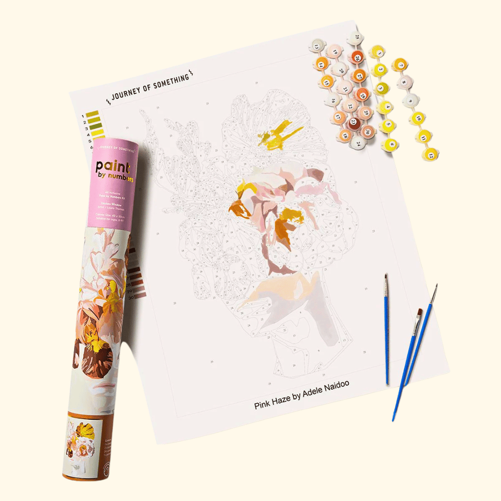 Pink Haze Paint By Numbers Kit by Journey of Something including numbered canvas, acrylic paints, paintbrushes and illustrated packaging.