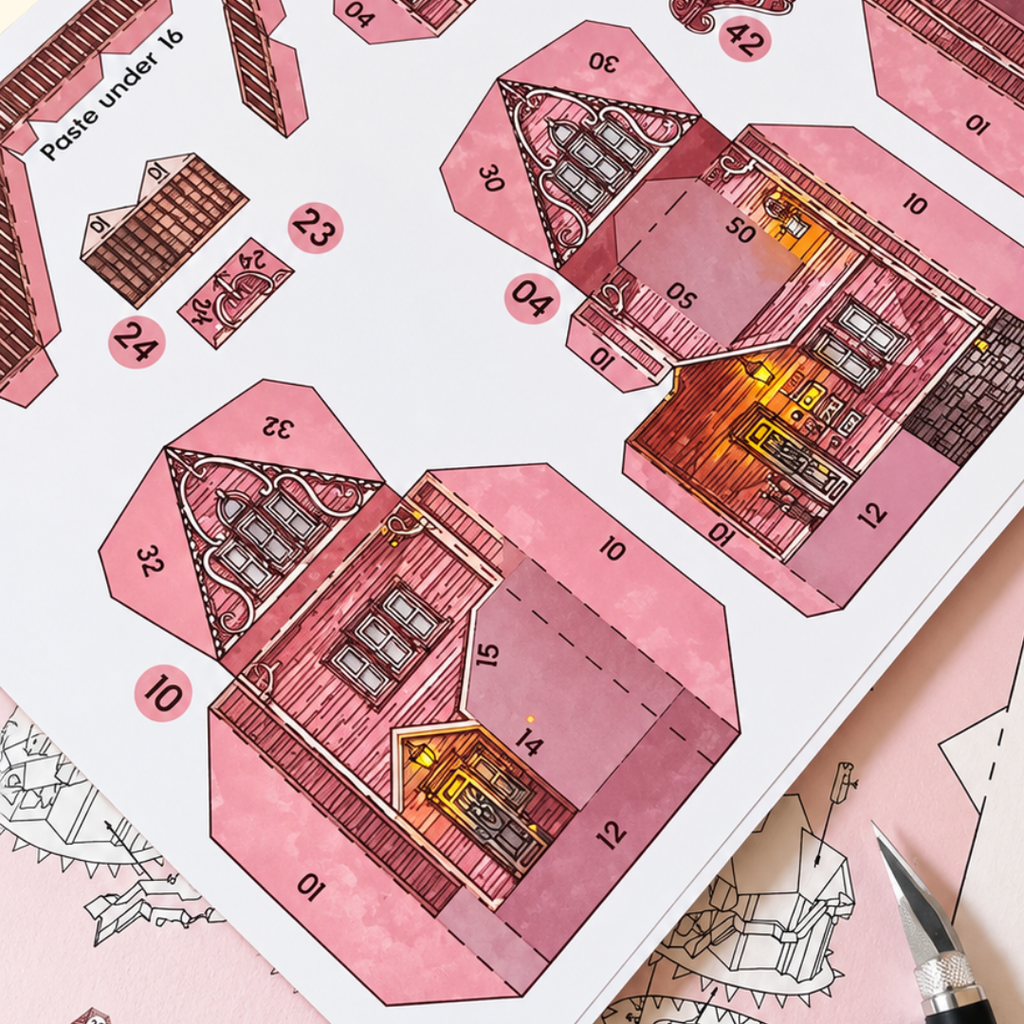 Pink Palace Apartments paper craft kit by Kiko Ilustrador showing illustrated paper pieces, miniature house components and assembly materials.
