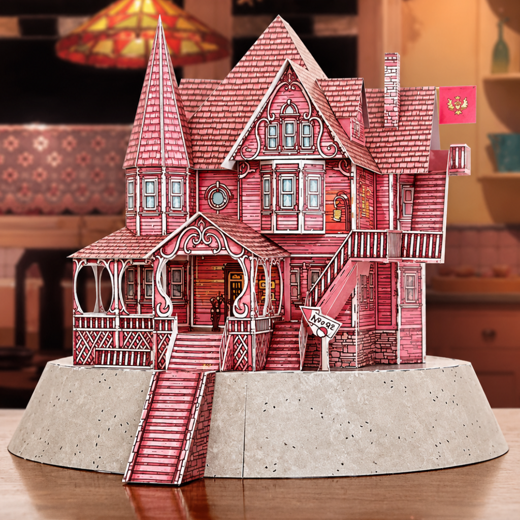 Completed Coraline Pink Palace Apartments paper model by Kiko Ilustrador displayed against a dark background, showing the detailed Victorian house and front staircase.