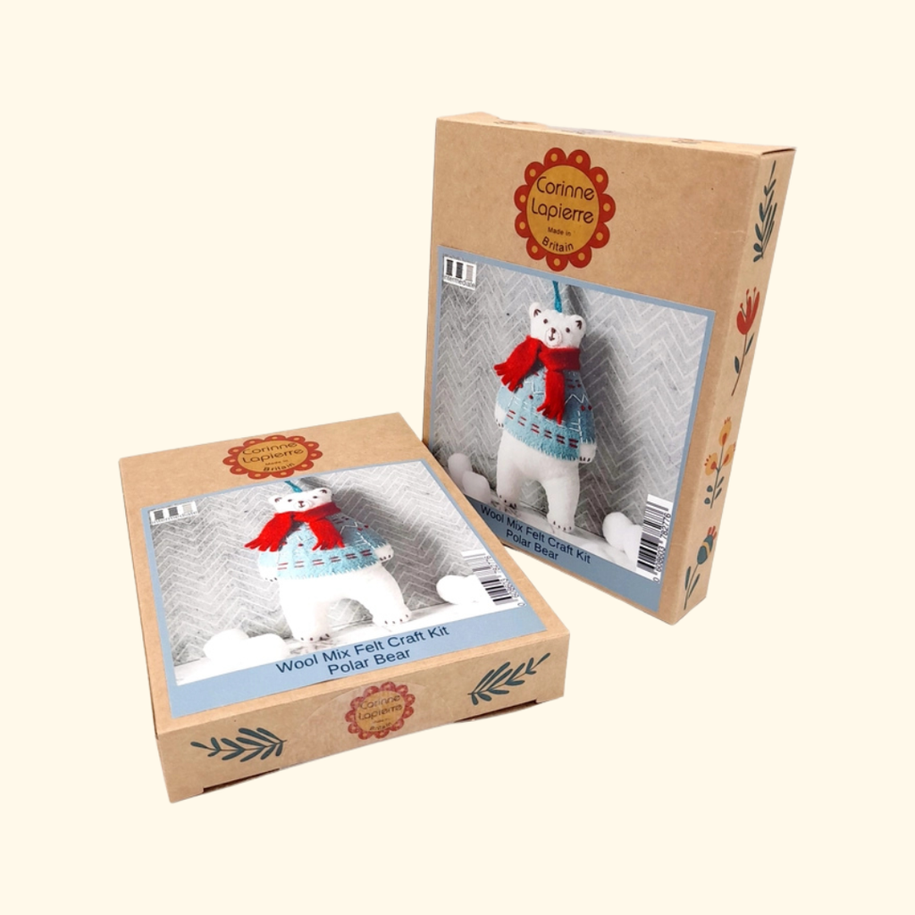 Corinne Lapierre Polar Bear Felt Craft Kit shown with presentation box, felt, threads and materials included.
