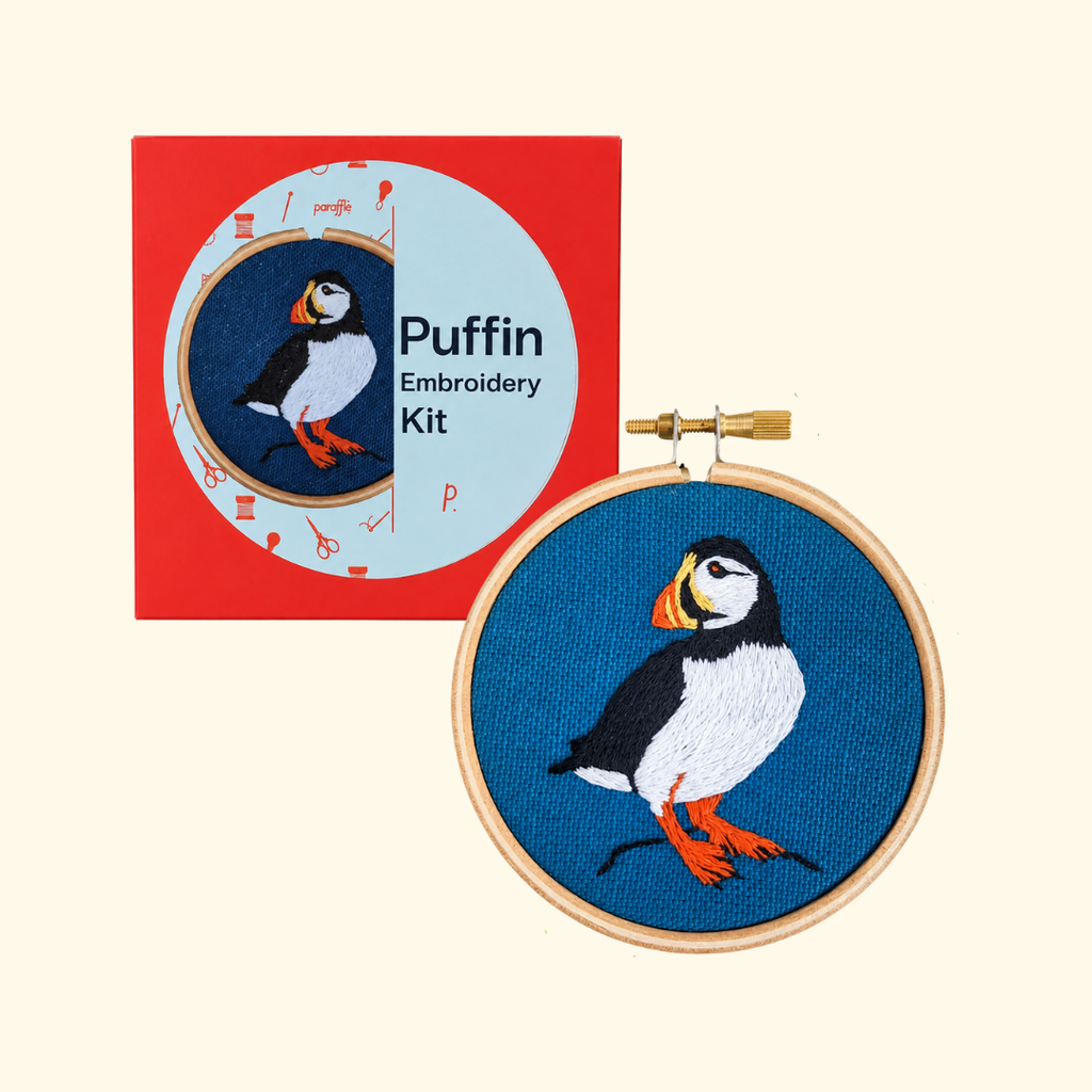 Paraffle Puffin Mini Embroidery Kit with packaging and finished hoop design.