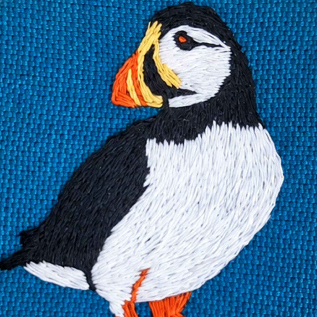Close-up of the completed puffin mini embroidery design stitched on blue fabric.