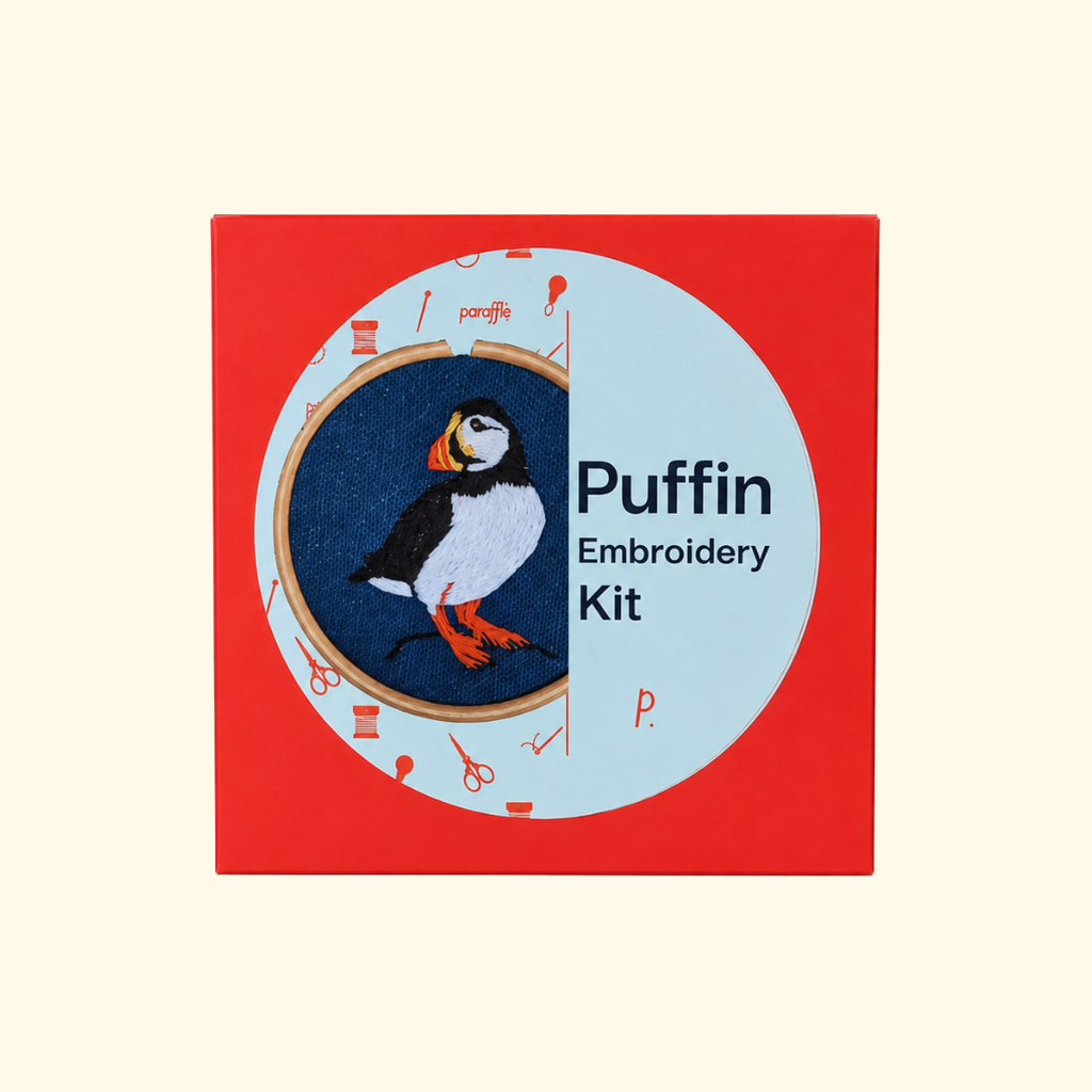 Paraffle Puffin Mini Embroidery Kit packaging featuring the completed puffin design.