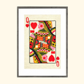 Queen of Hearts Cross Stitch Kit by Budgiegoods, completed playing card design framed in black.