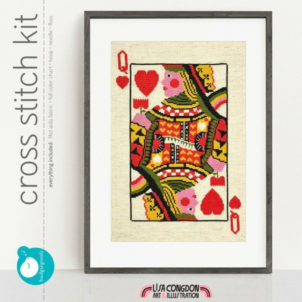 Queen of Hearts Cross Stitch Kit by Budgiegoods in retail packaging, showing the finished framed design.
