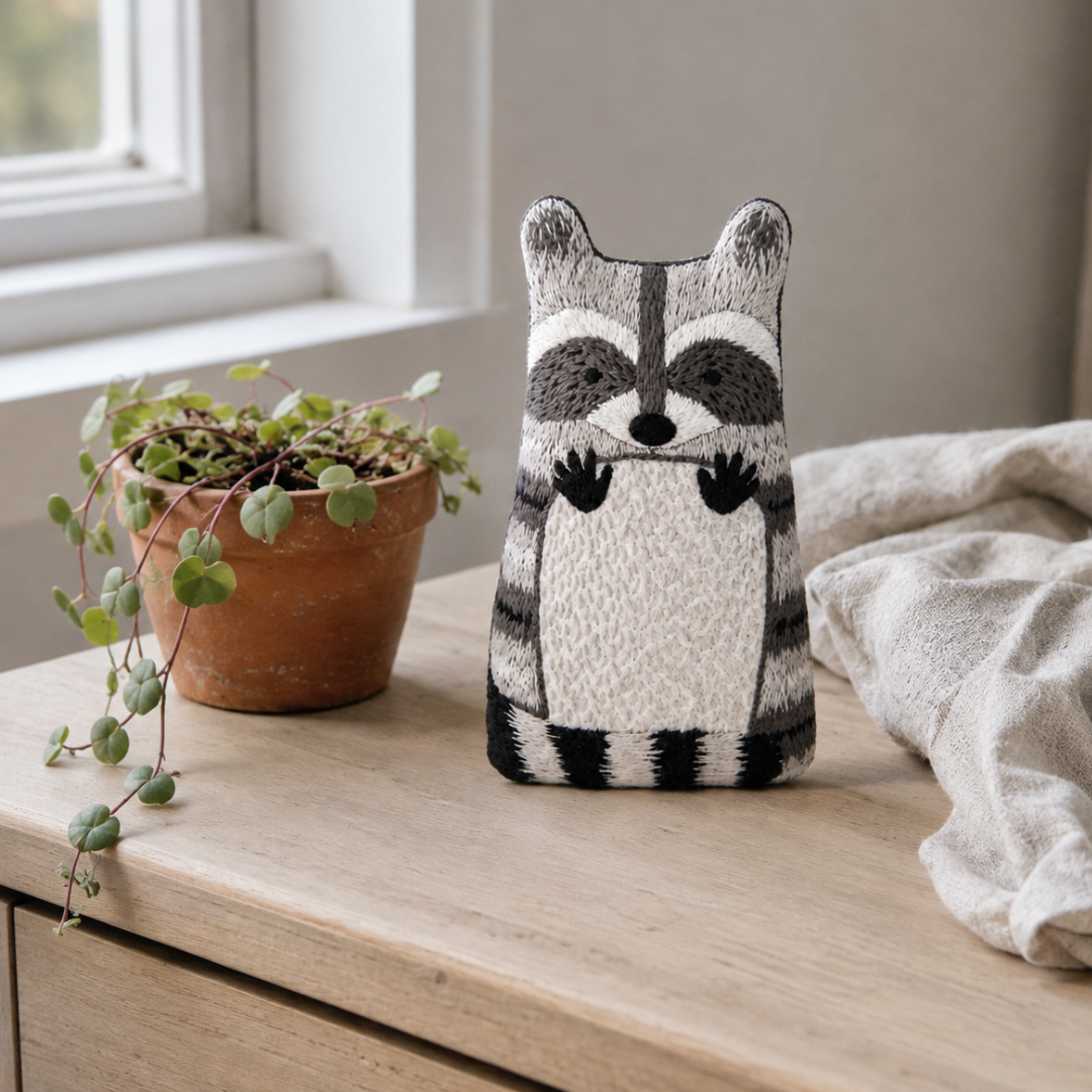 Finished Kiriki Press raccoon embroidery doll displayed on a windowsill beside a potted plant.