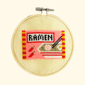 Completed ramen cross stitch design stitched in a bamboo embroidery hoop by Cotton Clara.