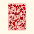 Red Mushroom microfibre cloth by Missy Minzy featuring a playful pattern of red and pink illustrated mushrooms.