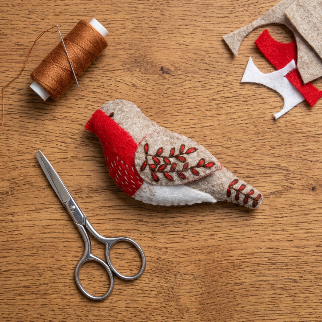 Red Robin felt craft kit by Corinne Lapierre displayed with sewing tools and crafting materials.