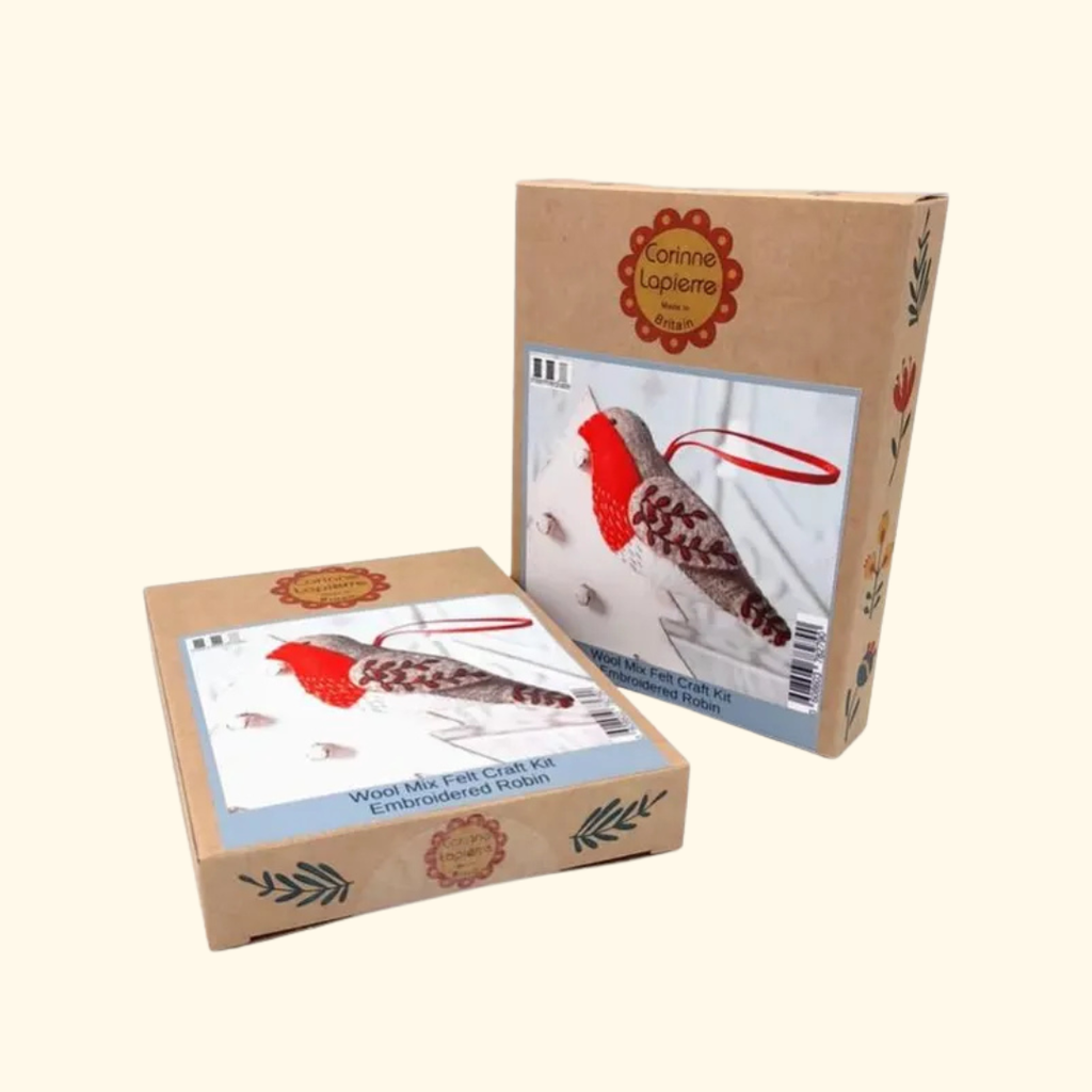 Red Robin felt craft kit packaging by Corinne Lapierre showing the completed project and kit contents.