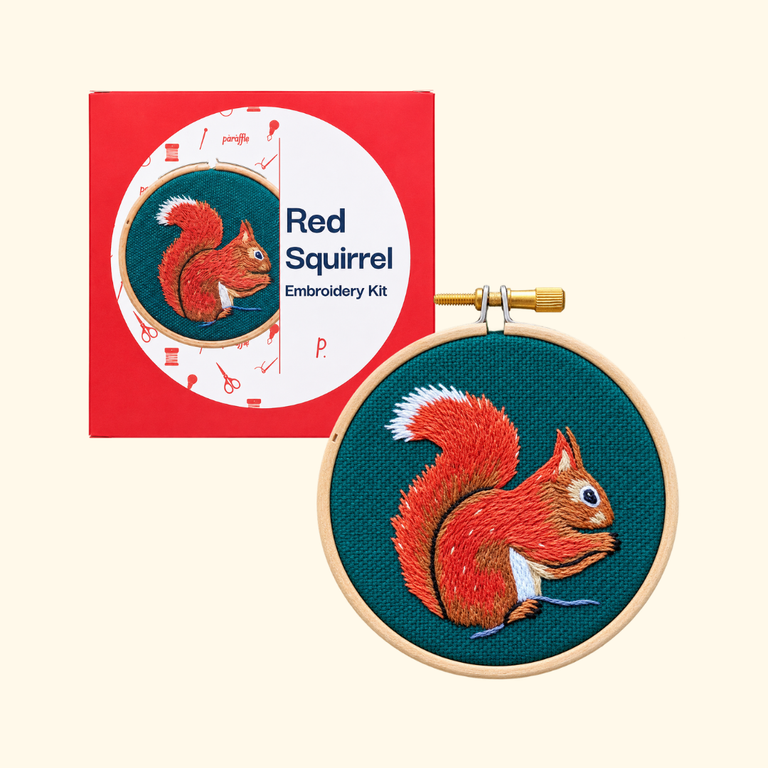 Paraffle Red Squirrel Mini Embroidery Kit with packaging and finished hoop design.