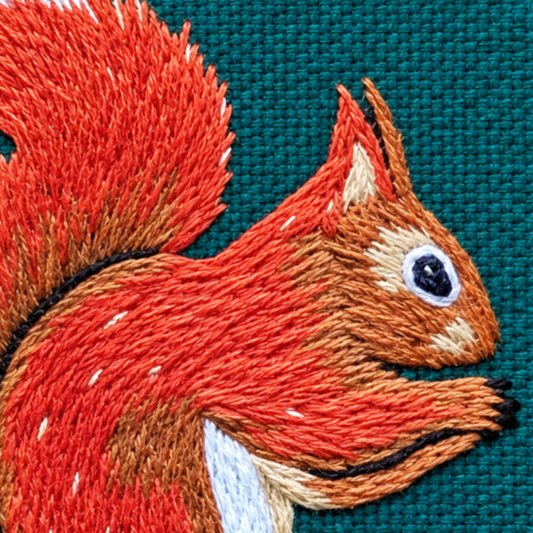 Close-up of the completed red squirrel mini embroidery design stitched on dark green fabric.