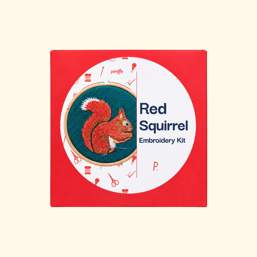 Paraffle Red Squirrel Mini Embroidery Kit packaging featuring the completed squirrel design.
